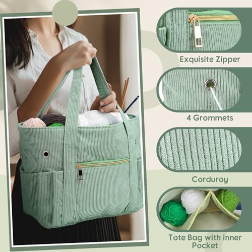 Bulyoou 2 Pcs Crochet Tote and Yarn Bag Set Corduroy Yarn Holder,Green