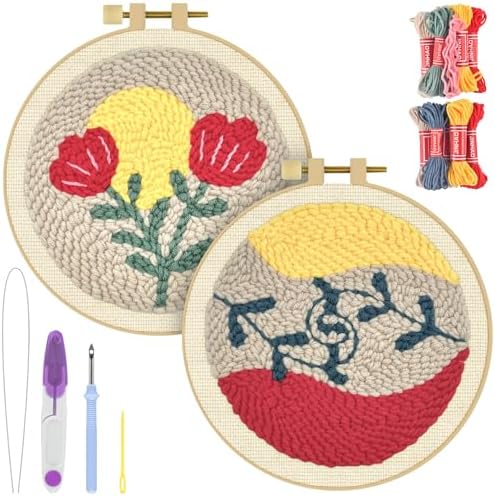 ERKOON Punch Needle Kit Adults Beginners, 2 Pcs DIY Easy Floral Embroidery Set for Starter Art Craft, Needling Punching Project with Patterns, Tools, Yarns, Hoop, Instruction (Rose)