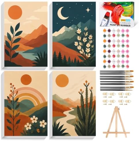 AUKELHJ 4 Pack Framed Paint by Numbers Kit for Adults, Landscape, 8x12 inch | Paint by Number for Adults, Beginner Friendly, Framed Canvas, Easel Included, Fun and Relaxing, Gifts Box, Home Wall Decor