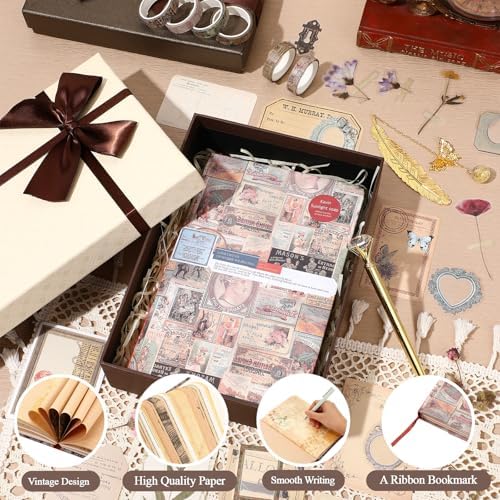 DIY Journal Diary with Lock Pack Scrapbook Kit, Brown, Retro | Stationery Diary Supplies, Scrapbook Supplies Art Crafts Kit for Birthday Holidays Ideal Gifts, Feather Bookmark Stickers