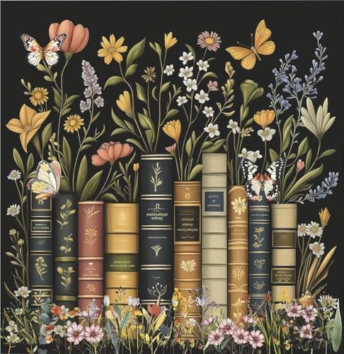 RYMILIE Diamond Art Kits for Adults Vintage Flowers and Books 14x14inch | 5D Stress Relief Diamond Painting Kit for Beginners, DIY Full Round Drill Gem Art Crafts for Home Wall Decor Gift