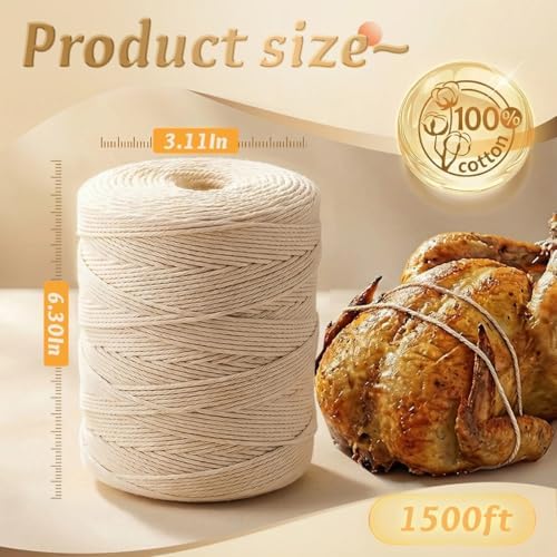 SMART&CASUAL 1500 Feet 100% Cotton Butcher Twine String 2mm Food-Grade Cooking Twine for Kitchen Roasting Turkey Sausage Meat Prep Baking Crafts Crocheting Gift Wrapping Gardening