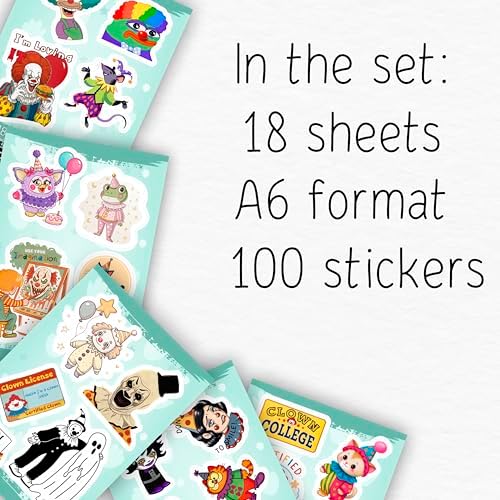100Pcs Clown Stickers for Water Bottle and Laptop - Clown Party Favors, Supplies & Decorations, Waterproof Vinyl Decals, Scary Circus and Fun Stickers, Gifts for Women & Men