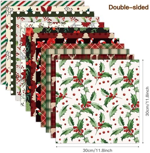 Vintage Christmas Scrapbook Paper Christmas Patterned Paper 12×12 - 24 Sheets Double-Sided Red Green Decorative Craft Journaling Papers for Holiday Cardmaking DIY Origami Craft Papers