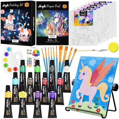 Nicpro 34PCS Kids Painting Set with Pattern Canvas for Beginner Students