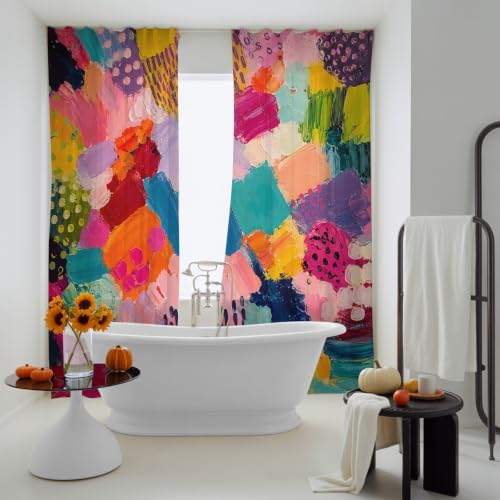 Colorful Art Sheer Curtains 84 Inch Length 2 Panels for Living Room, Geometric Modern Abstract Oil Painting Voile Kitchen Curtain Set, Luxury Privacy Drapes Window Treatment for Bedroom