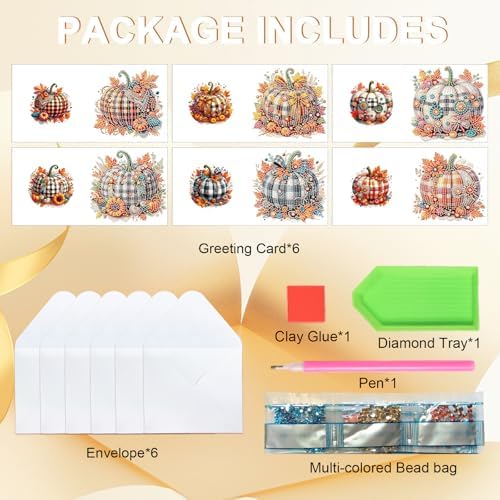 6-Pack Autumn Pumpkin Diamond Art Greeting Cards with Envelopes – DIY 5D Diamond Painting Kits for Adults, Creative Fall Thanksgiving Greeting Card Set, Rhinestone Craft Kits, Handmade Holiday Cards