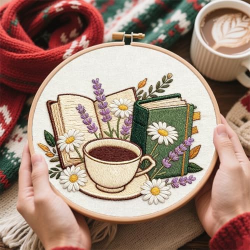 FREEBLOSS 4 Sets Embroidery Kit for Beginners Needlepoint Embroidery Starter Kit with Coffee and Book Stamped Patterns, Instructions, Colored Threads, 2 Hoops 20cm/7.9inch