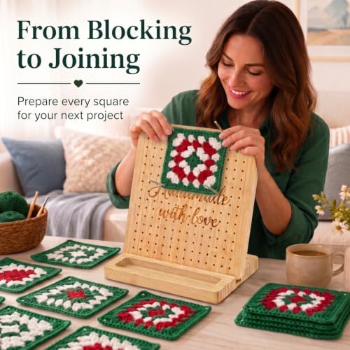 Bamboo Crochet Blocking Board with Stand, Pegs & Metal Pins, Granny Square Yarn Tool, Crochet Accessories for Knitting, Quilting Squares & Crocheter Gifts (Natural, Small)