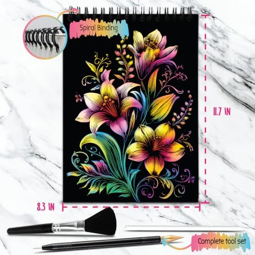 Scratch Art Book for Adults - Floral Series, 10 Rainbow Art and Crafts for Adults