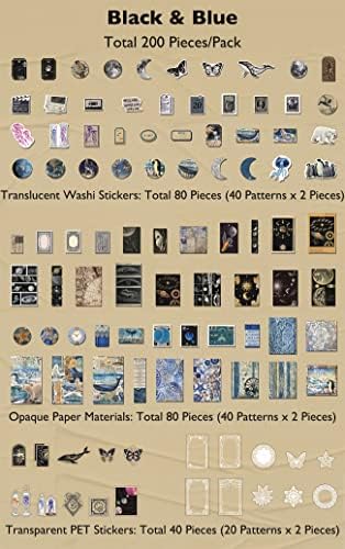 Knaid 200 Piece Vintage Ephemera Bundle - Paper & Sticker Kit for Junk Journaling, Scrapbooking, Planners, Bullet Journals, Collage, Decoupage - Black/Blue Tones