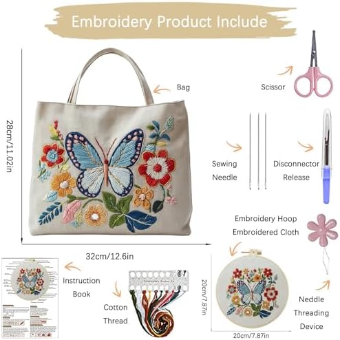 ARTopet Embroidery Tote Bag Kit for Beginners Butterfly Canvas Cross Stitch Handbag with Hoops Needles Threads Reusable Grocery Bag for Women-Butterfly03