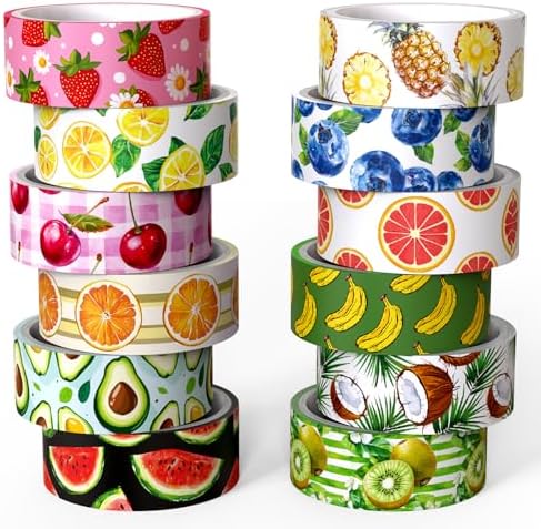 12 Rolls Fruit Themed Washi Tape Set, Colorful Floral Plants Decorative Tape Tropical Fruits Masking Tape for Journaling Supplies, Junk Journal, Scrapbooking, DIY Arts & Crafts,Gift Wrapping
