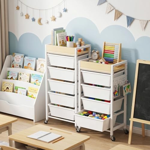 5 Tier Rolling Cart with Drawers, Plastic Drawer Storage Craft Cart with Pegboards & Hooks, Metal Utility Cart with Wheels & Wooden Tabletop, Classroom Office Art Supply Organizers and Storage, White