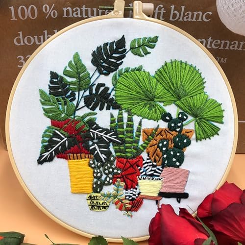 SCECALA 3 Pack Plant Embroidery Kit for Beginners - Green Plant Potted with Embroidery Pattern, Hoop, Complete Cross Stitch Supplies (Needle/Threads/Scissors) DIY Craft for Adults Sewing Hobby