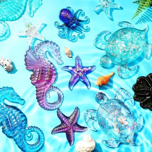 Qinyoung 4 Pcs Ocean Theme Resin Molds 3D Silicone Epoxy Resin | Seahorse Shells Starfish Octopus Molds Epoxy Casting for Art Crafts, Wall Decor, Beach Themed Projects, Summer Holiday Gifts