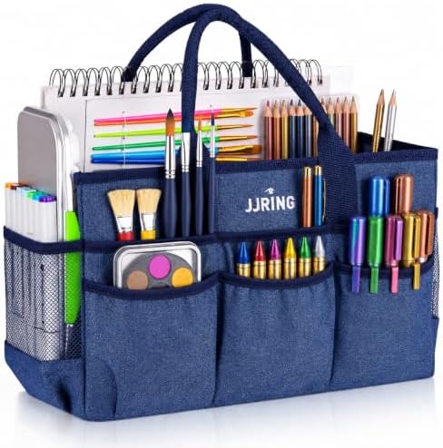 JJRING Large Art Supply Storage Tote Bag With Mesh Pockets, Blue