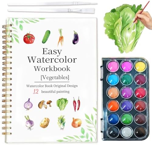 Easy Watercolor Workbook for Beginners - 12 Beautiful Step-by-Step Paintings Water Coloring Book, Includes 18 Colors Paints, Relaxing Art Projects and Creative Gift for Adults & Teen (Vegetables)