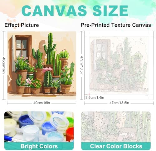 Paint by Numbers Kit for Adults, Desert Cactus Painting, 16 x 16 Inch | DIY Adult Paint by Number Kit on Canvas for Beginners, without Frame, Southwest Boho Wall Decor, Stress Relief Craft Gift