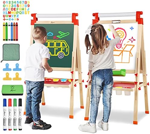 JOYOOSS Kids Wooden Easel with Paper Roll - Adjustable Magnetic Double Sided Drawing Board Whiteboard & Chalkboard Dry Easel Board,Children Art Easel for 3~12 Years Kids Boys Girls Painting Drawing