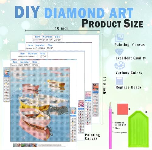 XUNLURY Pastel Ocean Beach Diamond Art Kits 4 Pcs, Pink Flamingo Seashell Tropical Palm Tree Beach Diamond Painting Kits for Adults Beginners, Full Drill Diamonds Dots for Home Decor, 9.8x11.8 Inch