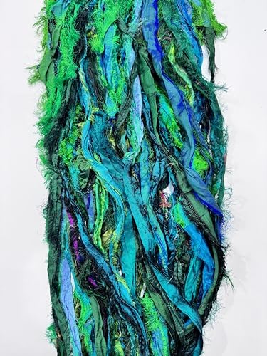 Maker's Craft Recycled Fuzzy Fringes Sari Silk Ribbon Yarn 35yards, 100Grams for DIY Knitting Crocheting Gift Wrapping, Christmas Decoration, Macrame Makers, Jewelry Making, Rugs Hooking (Green)