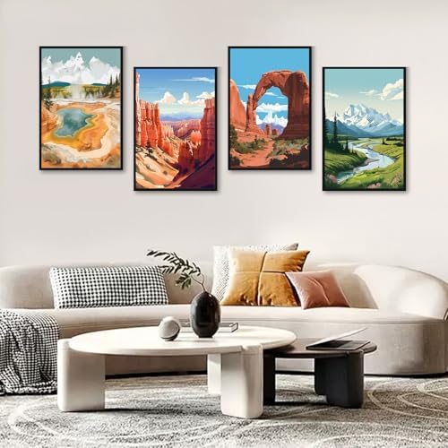 4 Pack Paint by Numbers Kit for Adults with Frame, National Parks Landscape DIY Painting Kit for Beginners, Mountain & Canyon Scenic Canvas Paint by Number Set for Nature Wall Decor, 8x12 Inch