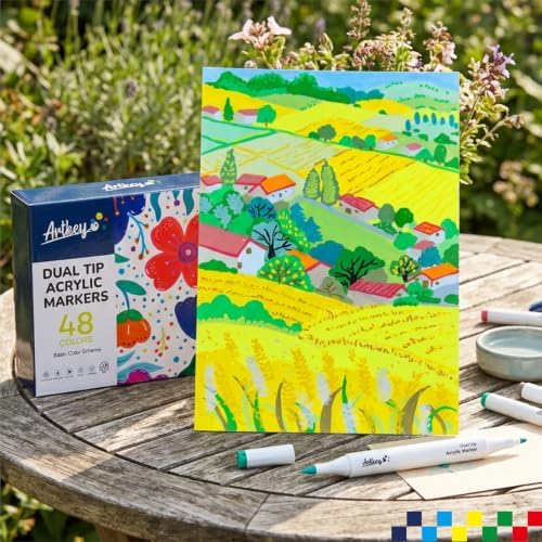 Artkey Acrylic Paint Markers 48 Colors, Dual Tip Acrylic Paint Pens with Brush and Fine Tips, Acrylic Markers Set for Rock Painting, Wood, Canvas, Glass, Ceramic, Stone, Fabric, Plastic, DIY Crafts