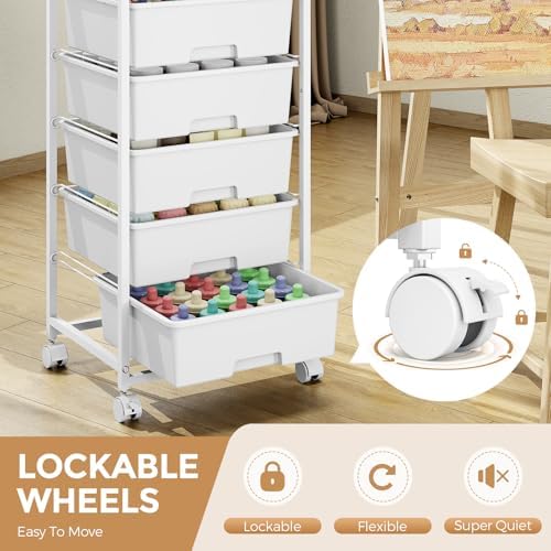 6 Drawer Rolling Storage Cart with Wooden Top and Wheels for Crafts,White