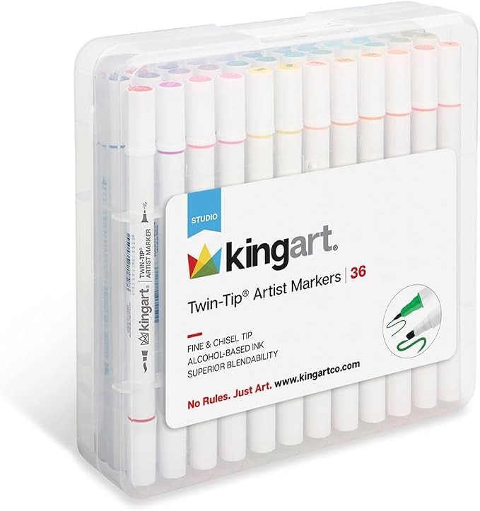 KINGART Dual Tip Alcohol Based Art Markers, 36 Colors Permanent Marker Pens Highlighters with Case Perfect for Illustration Adult Coloring Sketching and Card Making