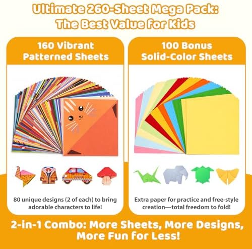 GAMENOTE Origami Kit for Kids Ages 8-12, 80 Assorted Projects, 260 Sheets | Double-Sided Origami Paper with mixed themes includes 160 patterned sheets, 100 solid practice sheets and a guidebook.