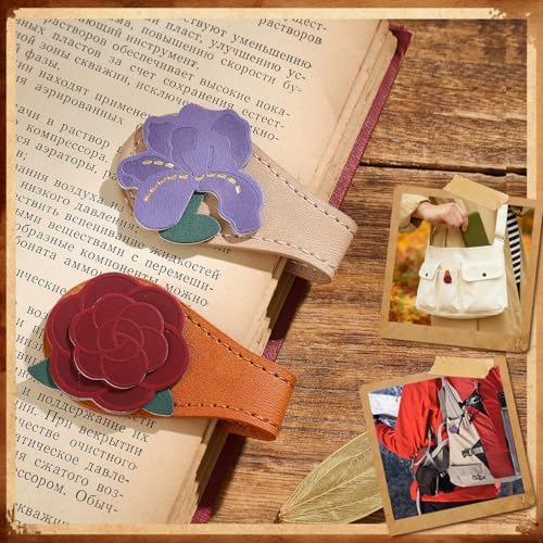 2PCS Vintage Magnetic Leather Bookmark, Leather Magnetic Bookmarks for Women,Unique Book Marks Gifts for Book Lovers, Magnetic PU Bookmarks Clip Book Accessories for Adults & Kids, Iris & Camellia