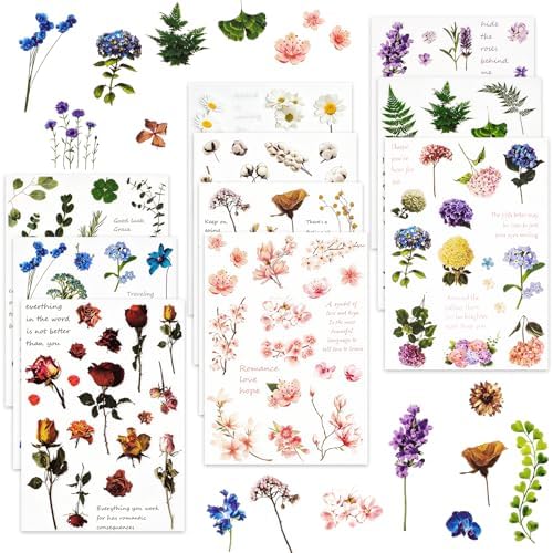 Habett 160+ PCS Natural Flower Stickers for Scrapbooking, Transparent