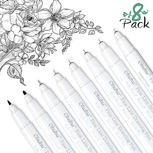Ohuhu Fineliner Micro Drawing Pens: 8-size Tips (Ultra-fine, Fine & Brush) | Waterproof Pigment Black Ink for Illustration Drawing Journaling Sketching for Artist Beginners