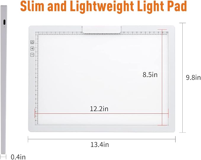 Rechargeable A4 LED Light Pad with Padded Case, YINGWOND Tracing Light Box w/Riser Stands and Paper Clip, 6 Levels of Brightness, Type-c Cable, Wireless Diamond Painting Light Board White