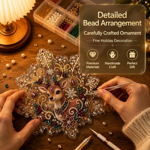 Cheerdox Christmas Pearl Diamond Arts Suncatcher DIY Kit, 5D Diamond Pearl Art Painting Acrylic Round Board with Lace Edge, Christmas Diamond Art Beads Craft Kit for Holiday (Style G)