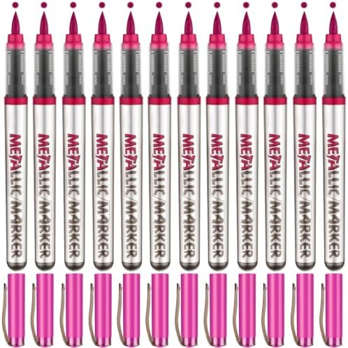 Metallic Acrylic Paint Markers, 12 Pcs Soft Brush Tip Marker Pens for Stone,Paper,Wood,Glass,Fabric Paint,DIY Crafts (12, Pink)