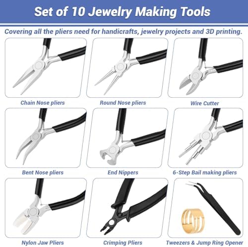 shynek 10 Pieces Jewelry Pliers Tools Set, Jewelry Making Tools Include 8 Pieces Pliers, Jump Ring Opener, Tweezers for Wire Wrapping, 3D Printing Projects and Other DIY Projects