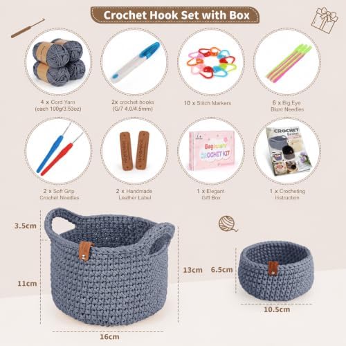 Aeelike Crochet Basket Kit for Beginners,Grey Round Basket,Gift Box Package