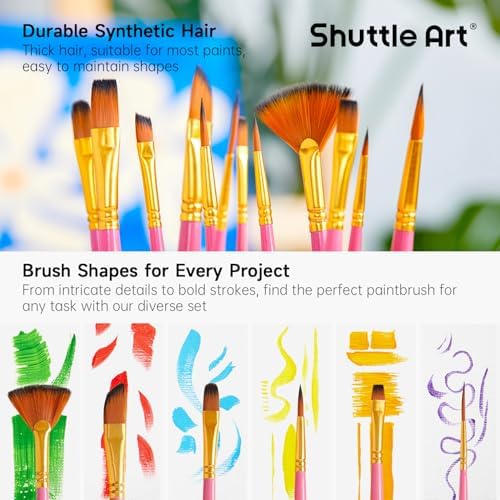 Shuttle Art 12 PCS Paint Brush Set with Case, Assorted Shapes & Sizes for Acrylic, Watercolor, Oil, and Gouache, Perfect Artist Brushes for Kids, Beginners, and Professionals, Ideal for Home or Travel