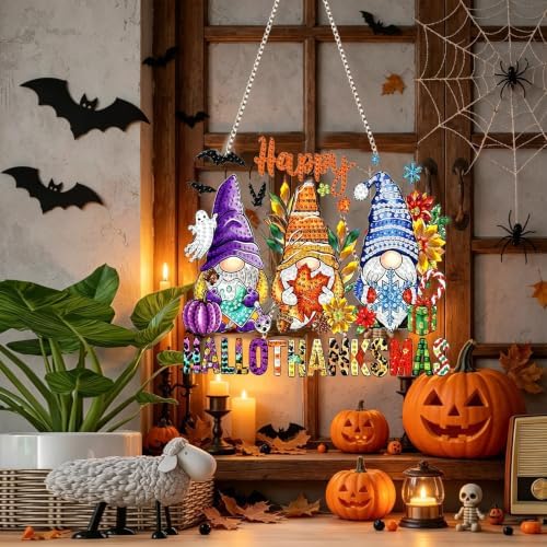 Halloween Gnome Hanging Diamond Art Kits for Adults, Pendant Suncatcher