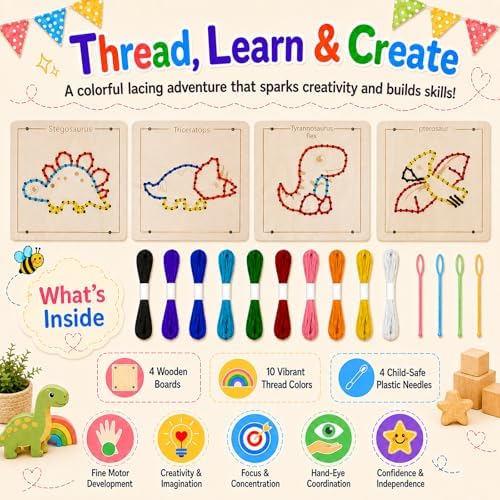 Montessori Wooden Lacing Dinosaur Toys for Toddlers and Kids Ages 2-4 5-7, Sewing Kit Fine Motor Skill Busy Board, Education Sensory Preschool Toy for 1 2 3 4 Year Olds, Birthday Gift for Boys Girls