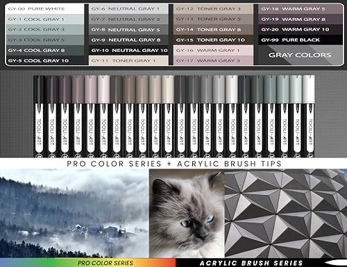 TOOLI-ART 22 Flexible Brush Tip Acrylic Paint Pens Markers Set 1-7mm Line for Rock Painting, Glass, Mugs, Wood, Metal, Canvas, Plastic. Non Toxic Waterbased Quick Drying Assorted Gray