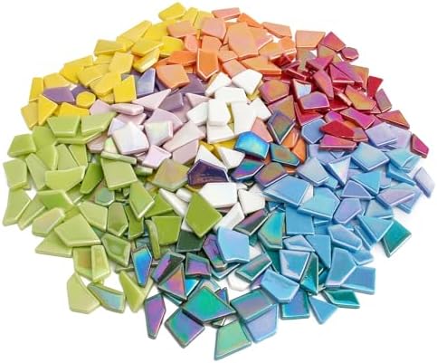 Youway Style Iridescent Glass Mosaic Tiles for Crafts Bulk,454g Broken Mosaic Glass Pieces for Garden Crafts Kits,DIY Mosaic Art Decor