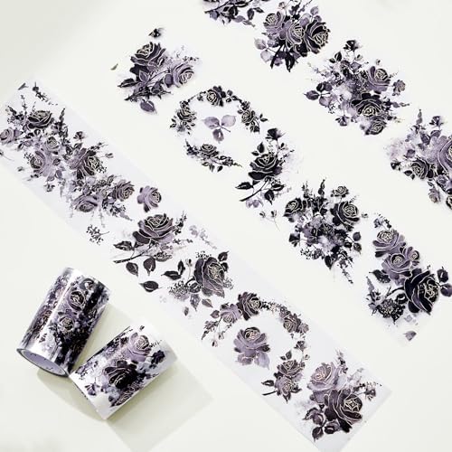 WT Rose Noir Wide PET Tape Gilded,Single Roll,Original Designs,Black Floral Decors,Transparent Clear Adhesive Tape,Gold Foil,Scrapbooks Junk Bujo Journals Planners DIY Crafts Supplies Gifts