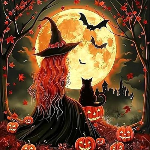 VIGEGU Witch Diamond Art Kits for Adults Beginners,Halloween Diamond Painting Kits for Adults,5D Full Drill DIY Diamond Dot Gem Art Kit Wall Home Decor Arts Craft 14x14 inch