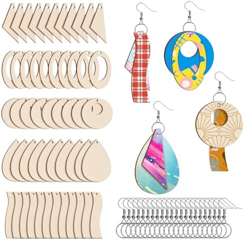 300 Pieces Unfinished Wooden Earrings Blanks for Earring Pieces 5 Shapes Wood Pendants with 100 Pcs Earring Hooks and 100 Pieces Jump Rings for DIY Craft Jewelry Making