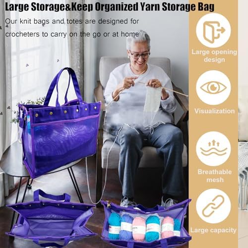 Knitting Bag Large Yarn Storage Organizer,Yarn Bags for Crocheting,Crochet Storage Bags for Crochet Hooks,Knitting Needles,Knit Bags Ideal Knitting & Crochet Gift(Purple)