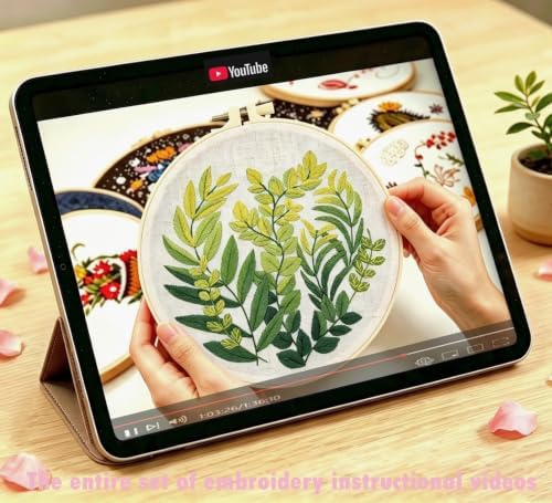 Vintage Plant Embroidery Kits for Beginners Adults, Flowers Hand Embroidery Sets Needlepoint Kits, Stamped Cross Stitch Kits for Beginners Adults, 4 Embroidery Hoops, Fabric (Attached Video Tutorial)