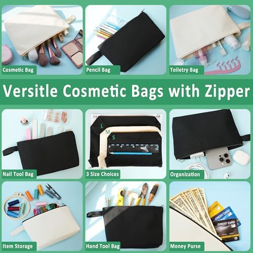 12PCS Black Cosmetic Pouch with Bottom, 12Oz Thick Cotton Canvas Cloth Pouches with Handle & Zipper for Travel Daily Makeup Toiletry Stationery Storage, for Sublimation (M, 10.24x5.5x2.1'')